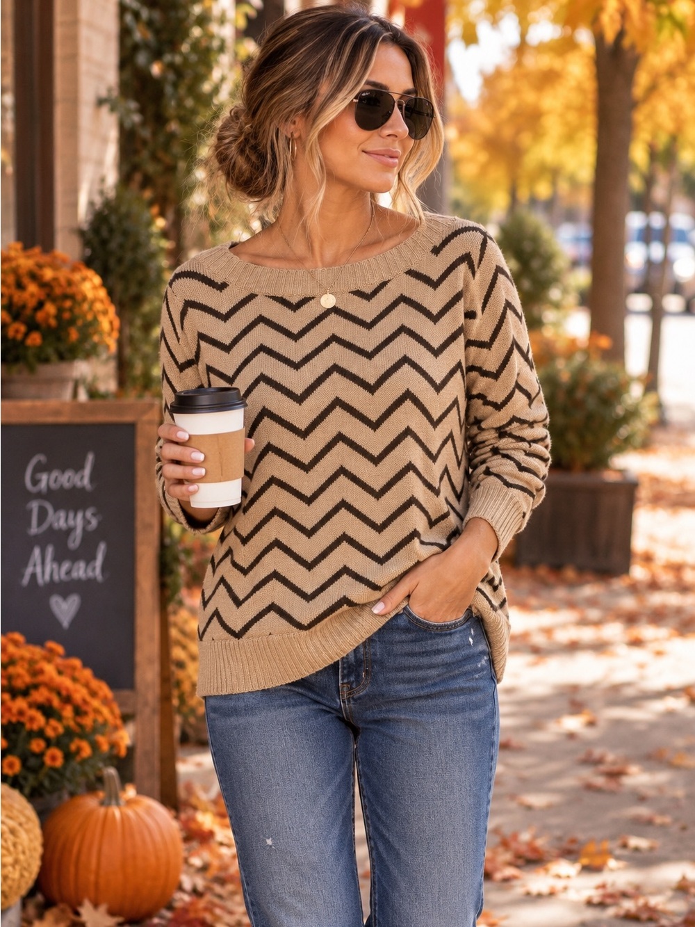 Liz Claiborne XL Chevron Knit Sweater Tan Brown Long Sleeve Pullover